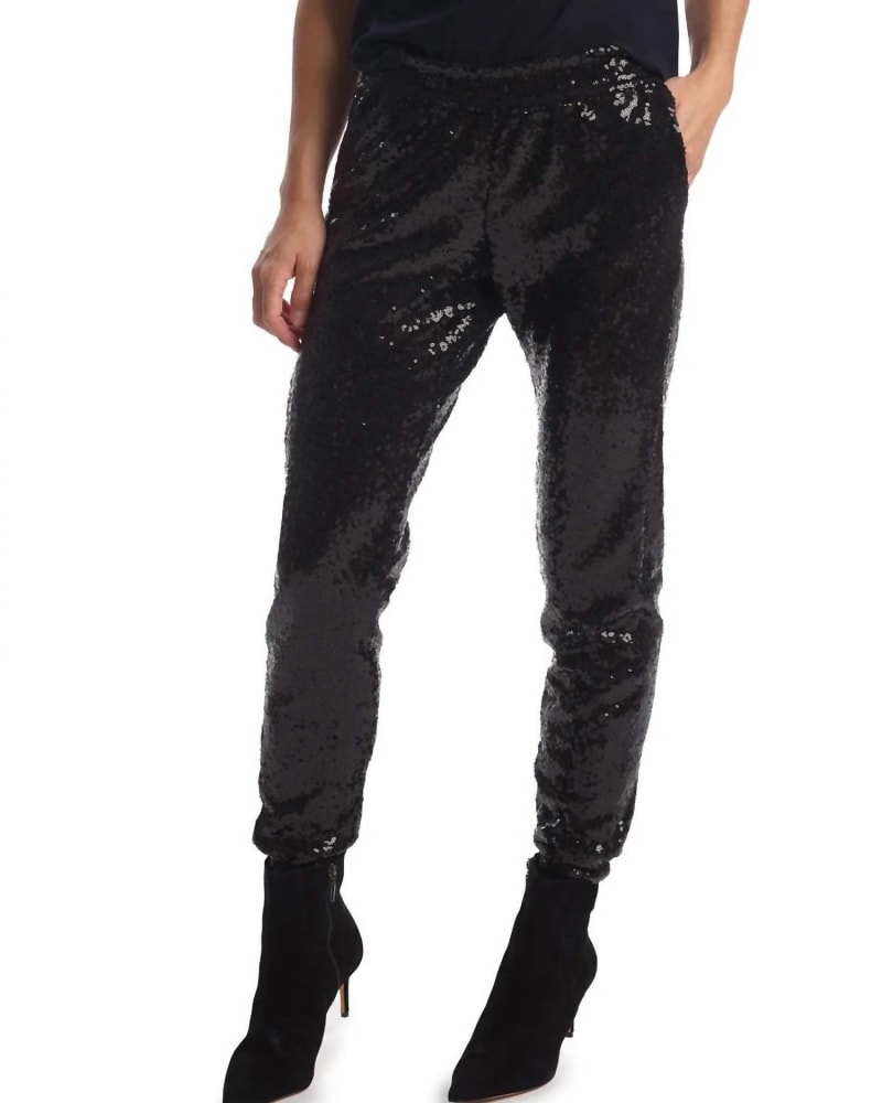 Front of a model wearing a size XL Sequin Jogger in Black in Black by Commando. | dia_product_style_image_id:338022